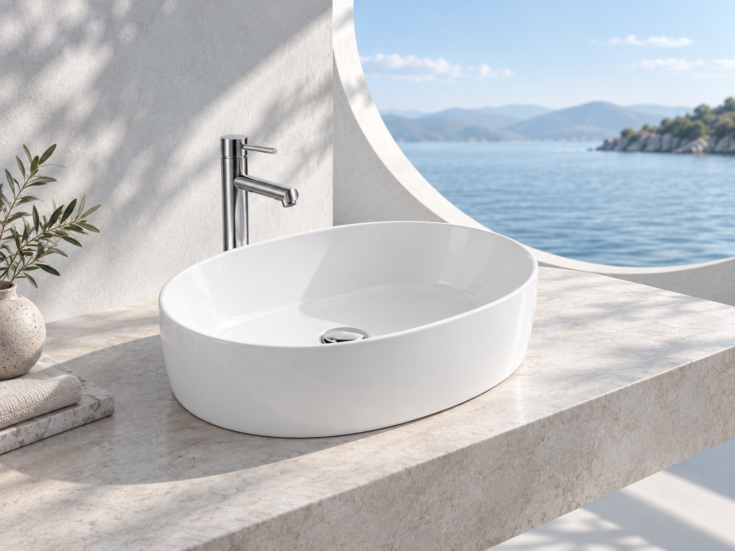 Hwani countertop basin on a stone vanity beside the sea
