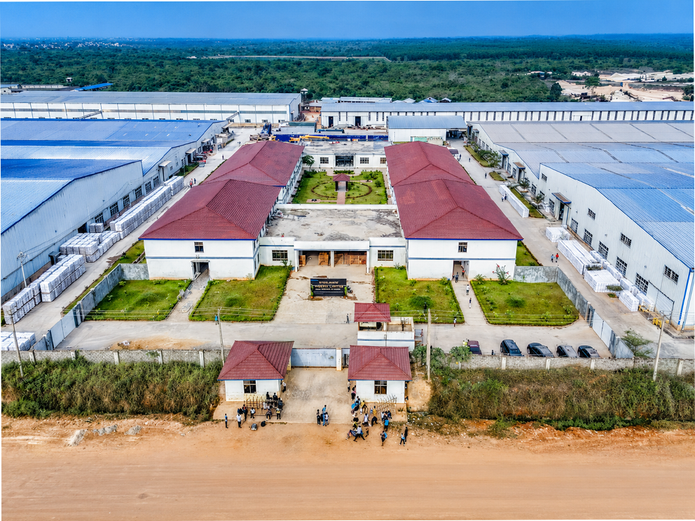 Aerial view of a factory campus